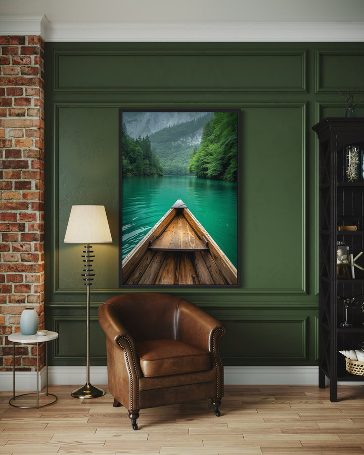 Wooden Canoe In Emerald Green Lake Vertical Framed Canvas Wall Art