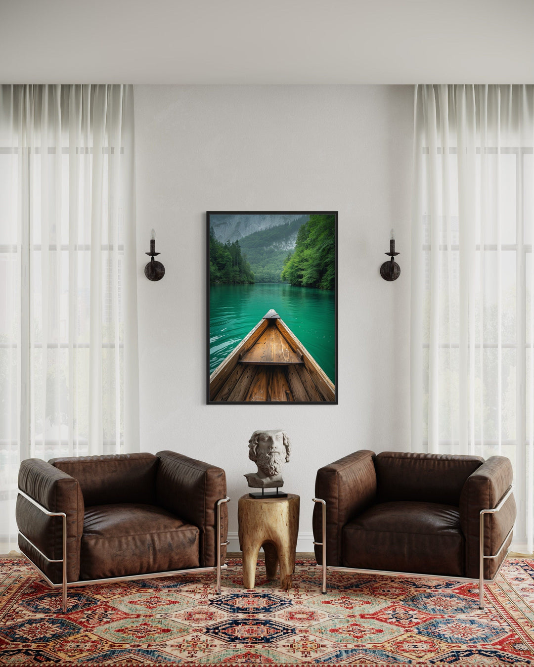 Wooden Canoe In Emerald Green Lake Vertical Framed Canvas Wall Art