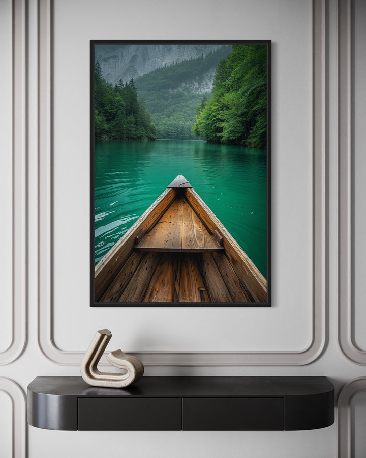 Wooden Canoe In Emerald Green Lake Vertical Framed Canvas Wall Art