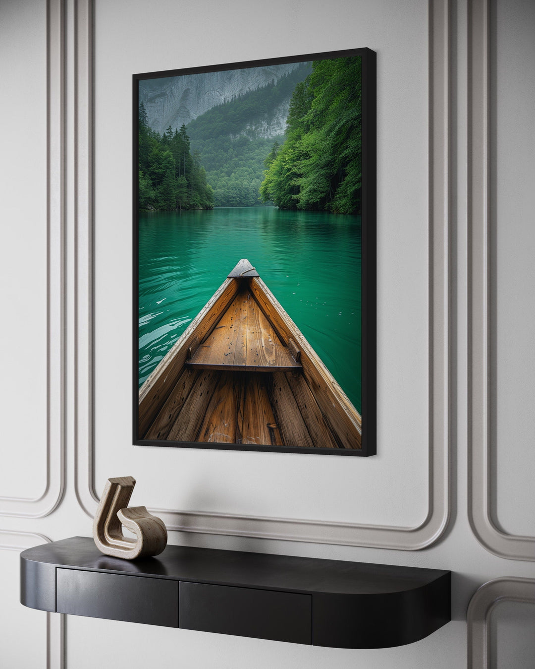 Wooden Canoe In Emerald Green Lake Vertical Framed Canvas Wall Art