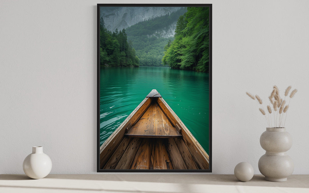 Wooden Canoe In Emerald Green Lake Vertical Framed Canvas Wall Art