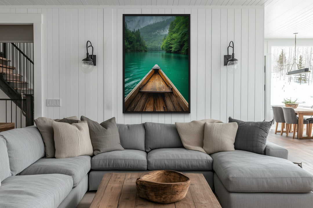 Wooden Canoe In Emerald Green Lake Vertical Framed Canvas Wall Art