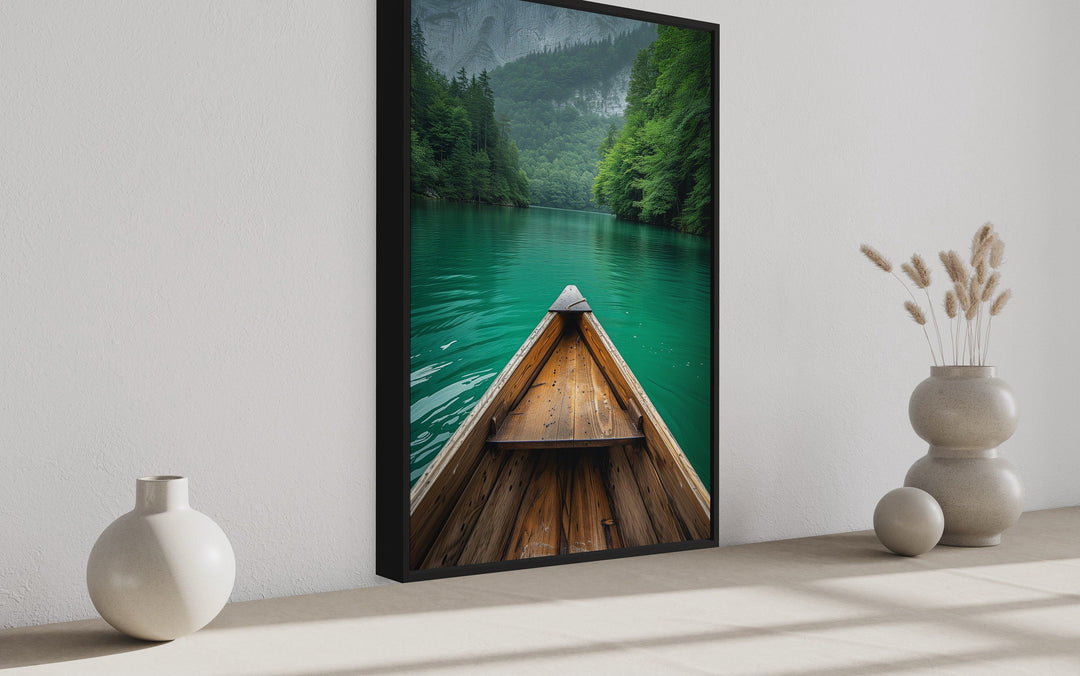 Wooden Canoe In Emerald Green Lake Vertical Framed Canvas Wall Art