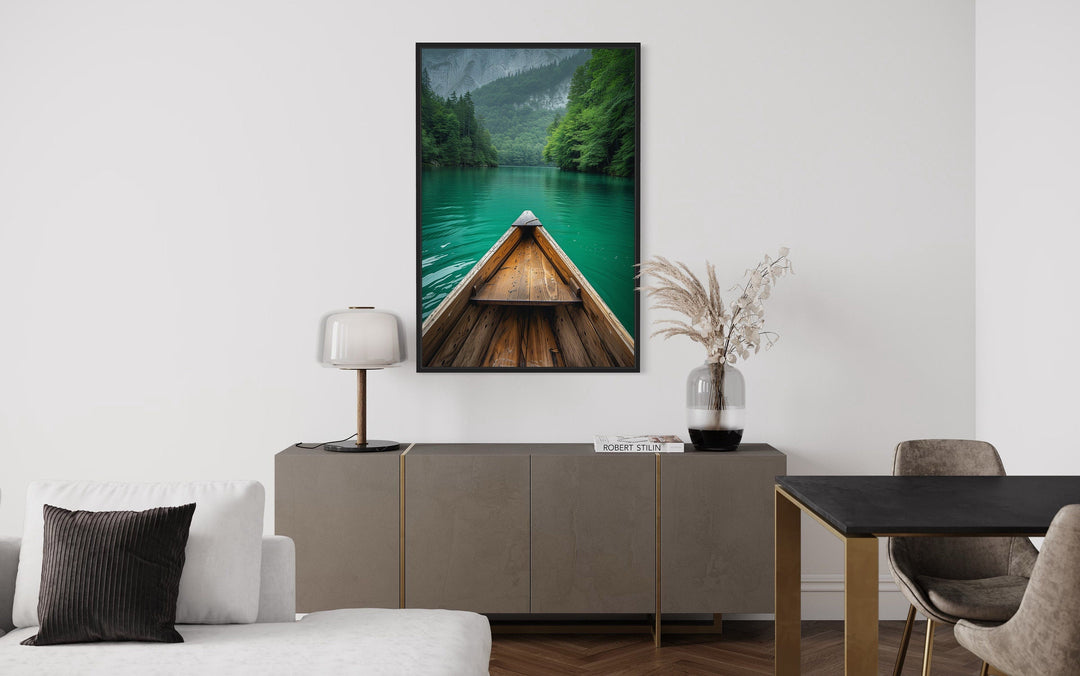 Wooden Canoe In Emerald Green Lake Vertical Framed Canvas Wall Art