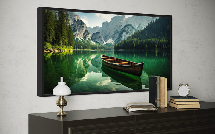 Wooden Canoe Wall Art – Emerald Green Lake Rustic Cabin Decor Framed Canvas