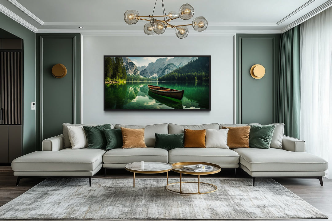 Wooden Canoe Wall Art – Emerald Green Lake Rustic Cabin Decor Framed Canvas