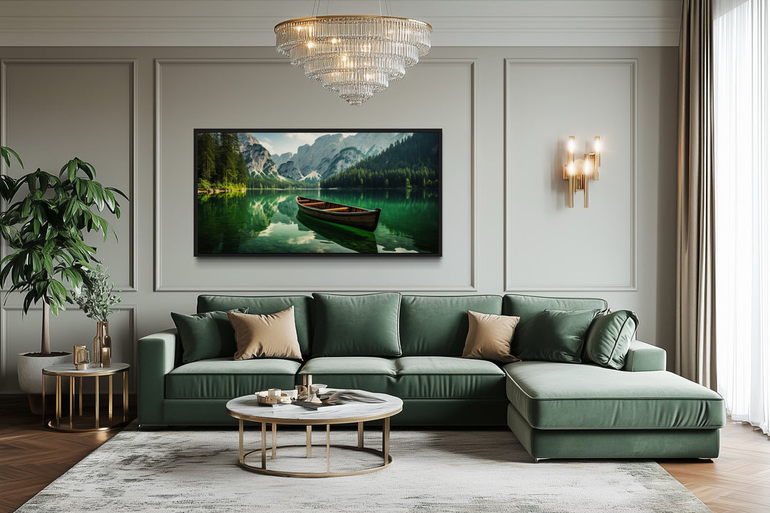 Wooden Canoe Wall Art – Emerald Green Lake Rustic Cabin Decor Framed Canvas