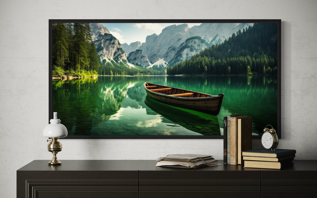 Wooden Canoe Wall Art – Emerald Green Lake Rustic Cabin Decor Framed Canvas