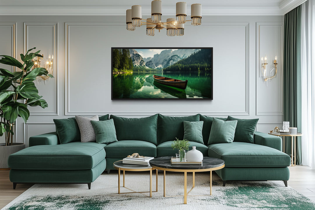 Wooden Canoe Wall Art – Emerald Green Lake Rustic Cabin Decor Framed Canvas