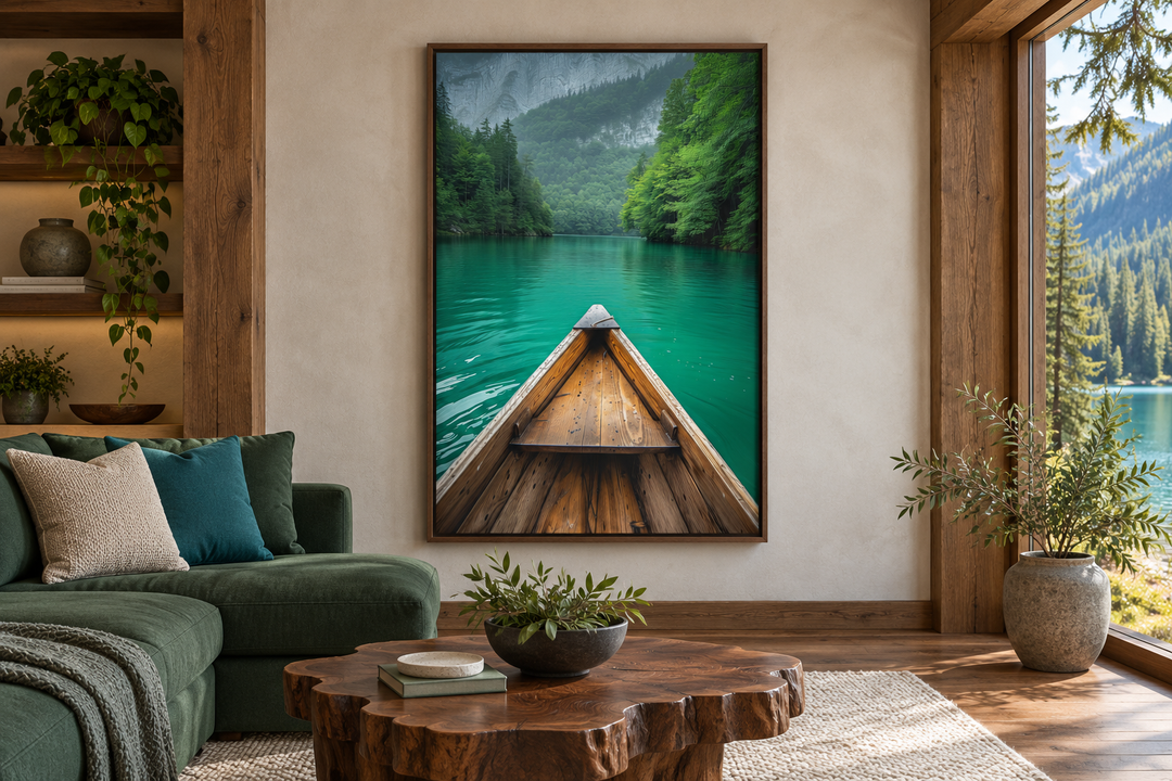 Vertical framed canvas wall art of a wooden canoe on an emerald green lake in a rustic living room.