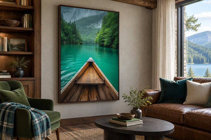 Vertical framed canvas wall art of a wooden canoe on an emerald green lake in a rustic living room.