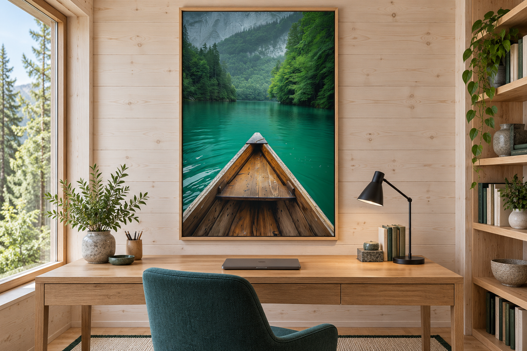 Vertical framed canvas wall art of a wooden canoe on an emerald green lake in a wooden office.