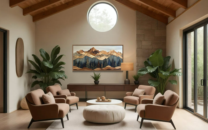 Wooden Mountain Framed Canvas Wall Art in living room