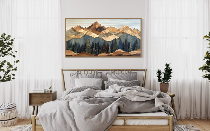 Wooden Mountain with pine trees Framed Canvas Wall Art in bedroom