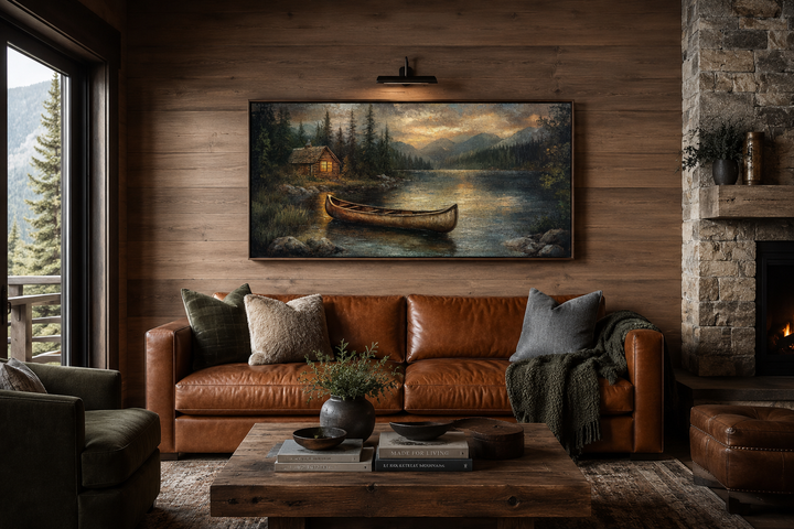 Rustic canvas wall art of a wooden canoe on a serene lake at sunset above a brown leather sofa.