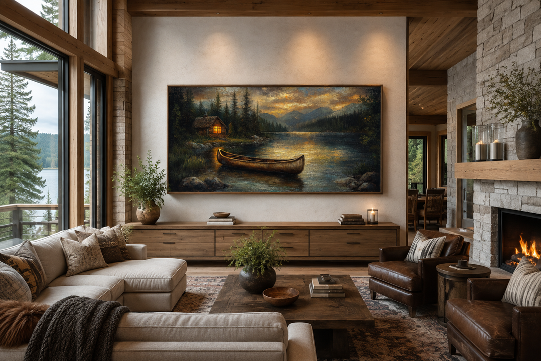 Large canvas wall art of a rustic wooden canoe on a serene lake with a cabin in the background.