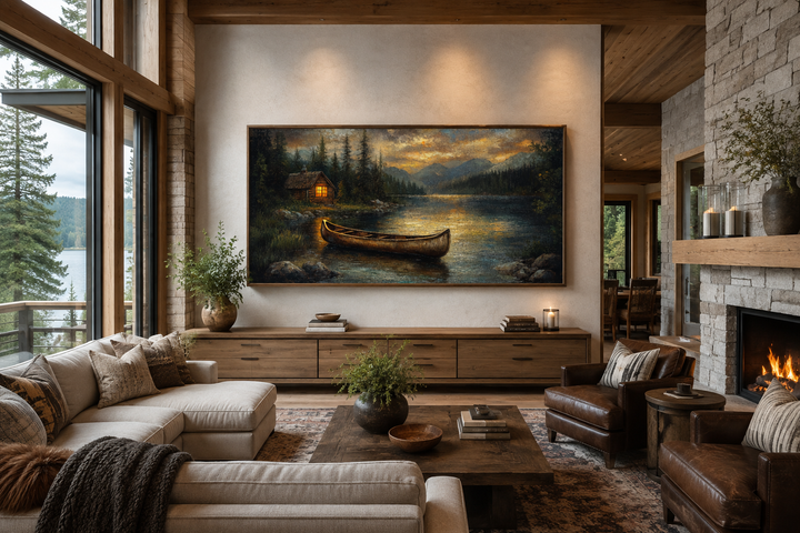 Large canvas wall art of a rustic wooden canoe on a serene lake with a cabin in the background.