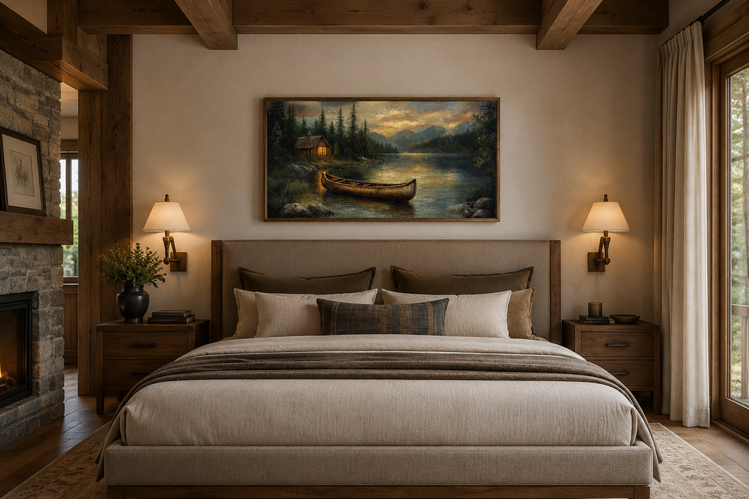 Large canvas wall art of a rustic wooden canoe on a serene lake above a bed in a cozy bedroom.