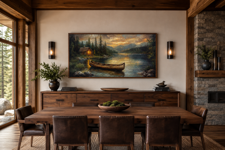 Rustic canvas wall art of a wooden canoe on a serene lake with a cabin and forest at sunset.
