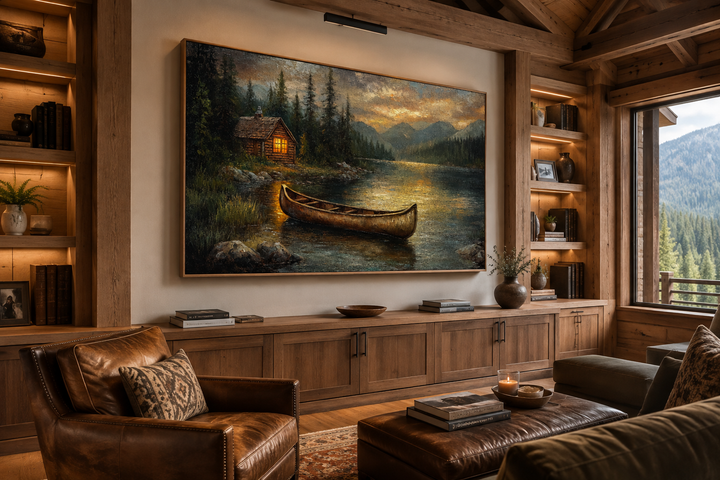 Rustic canvas wall art of a wooden canoe on a lake near a cabin, displayed in a cozy living room.