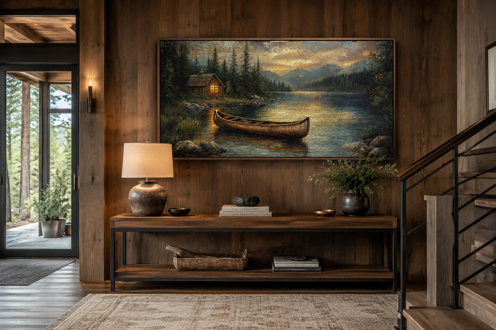 Large panoramic canvas wall art of a rustic cabin and wooden canoe on a serene lake at sunset.