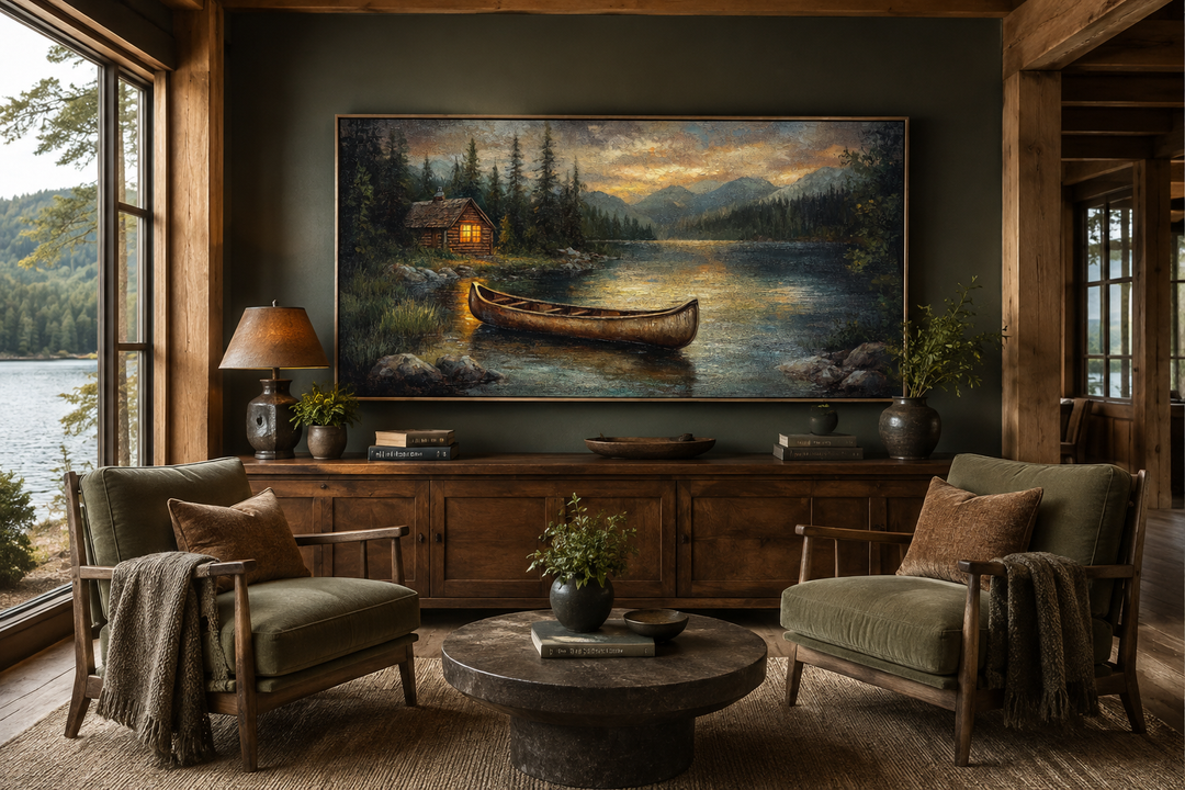 Large canvas wall art of a rustic wooden canoe on a serene lake at sunset in a cozy living room.