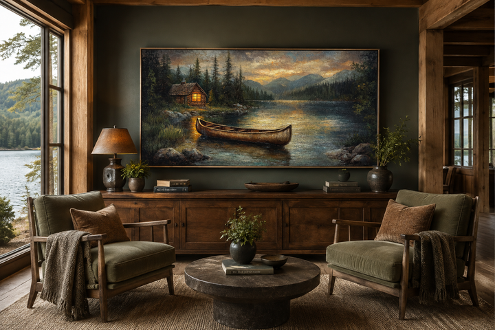 Large canvas wall art of a rustic wooden canoe on a serene lake at sunset in a cozy living room.