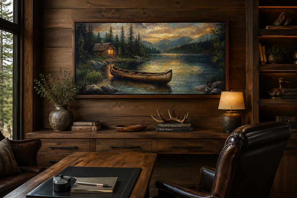 Rustic lake house canvas wall art featuring a wooden canoe on a serene lake in a wood-paneled room.