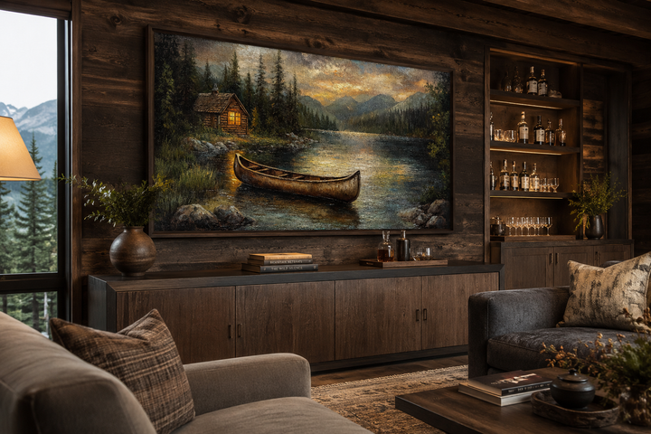 Large canvas wall art of a rustic wooden canoe on a lake with a cabin in a forest at sunset.