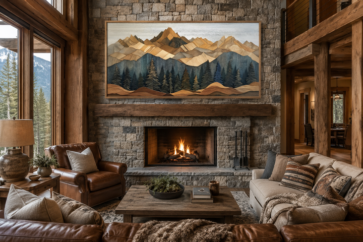 Wooden mountain and pine tree framed canvas wall art hanging above a rustic stone fireplace.