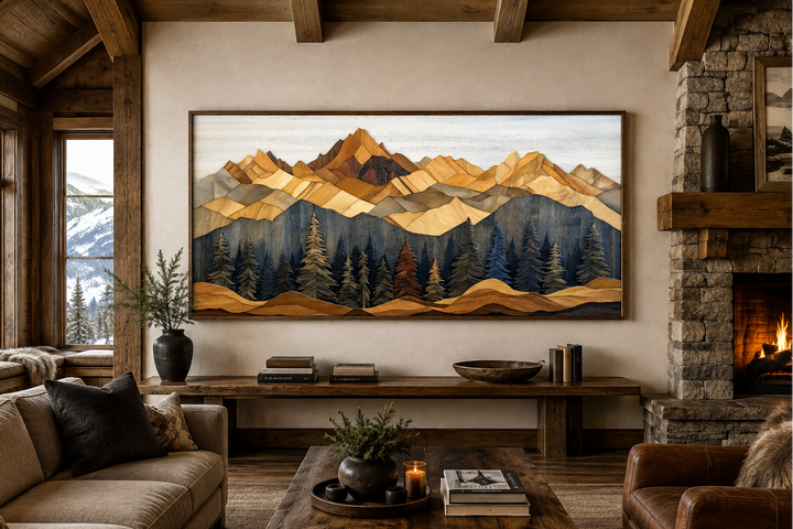 Wooden mountain and pine tree framed canvas wall art in a rustic cabin living room setting.