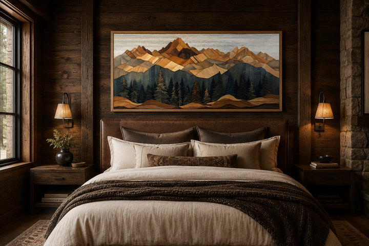 Wooden mountain and pine tree framed canvas wall art hanging above a bed in a rustic cabin bedroom.