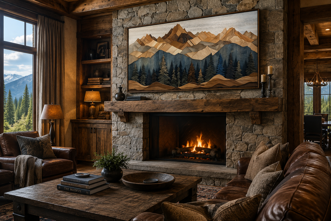 Wooden mountain and pine tree framed canvas wall art displayed above a rustic stone fireplace.