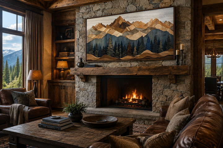 Wooden mountain and pine tree framed canvas wall art displayed above a rustic stone fireplace.