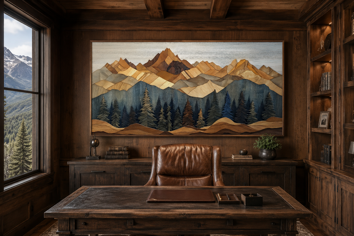 Wooden mountain and pine tree framed canvas wall art in a rustic wood-paneled office setting.