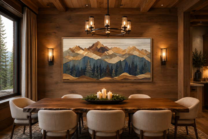 Wooden mountain with pine trees framed canvas wall art in a rustic dining room with wood walls.