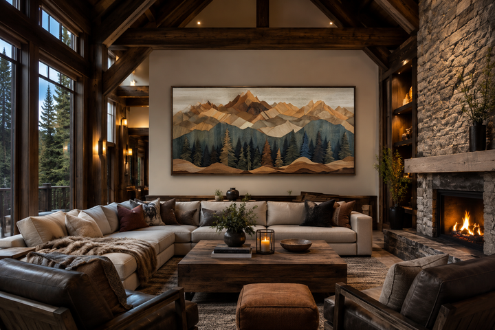 Wooden mountain and pine tree framed canvas wall art above a sofa in a rustic cabin living room.