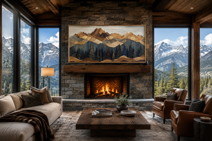 Wooden mountain and pine tree framed canvas wall art above a fireplace in a rustic cabin living room