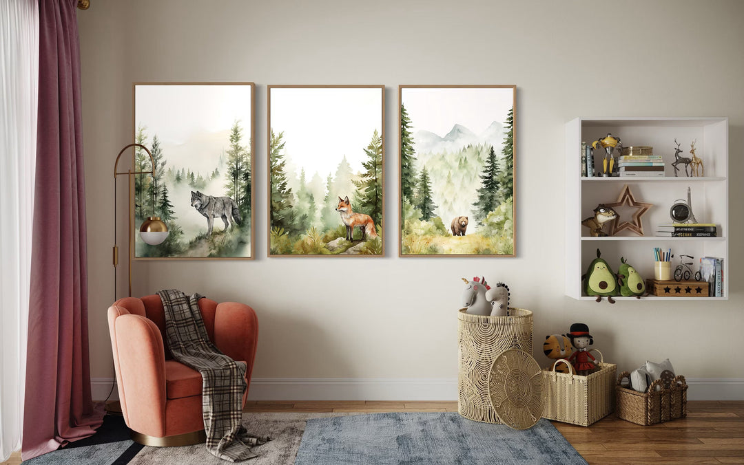 Woodland Animals Fox Bear And Wolf In The Forest Nursery Wall Art