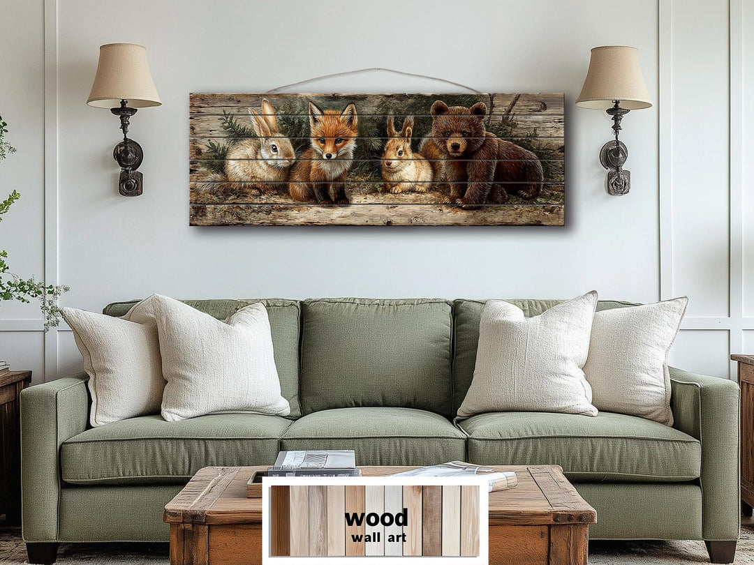 Woodland animals wall art featuring a fox, rabbit, and bear printed on a rustic wood plank panel.