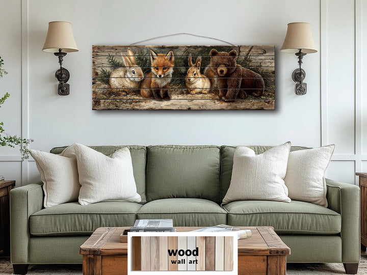 Woodland animals wall art featuring a fox, rabbit, and bear printed on a rustic wood plank panel.