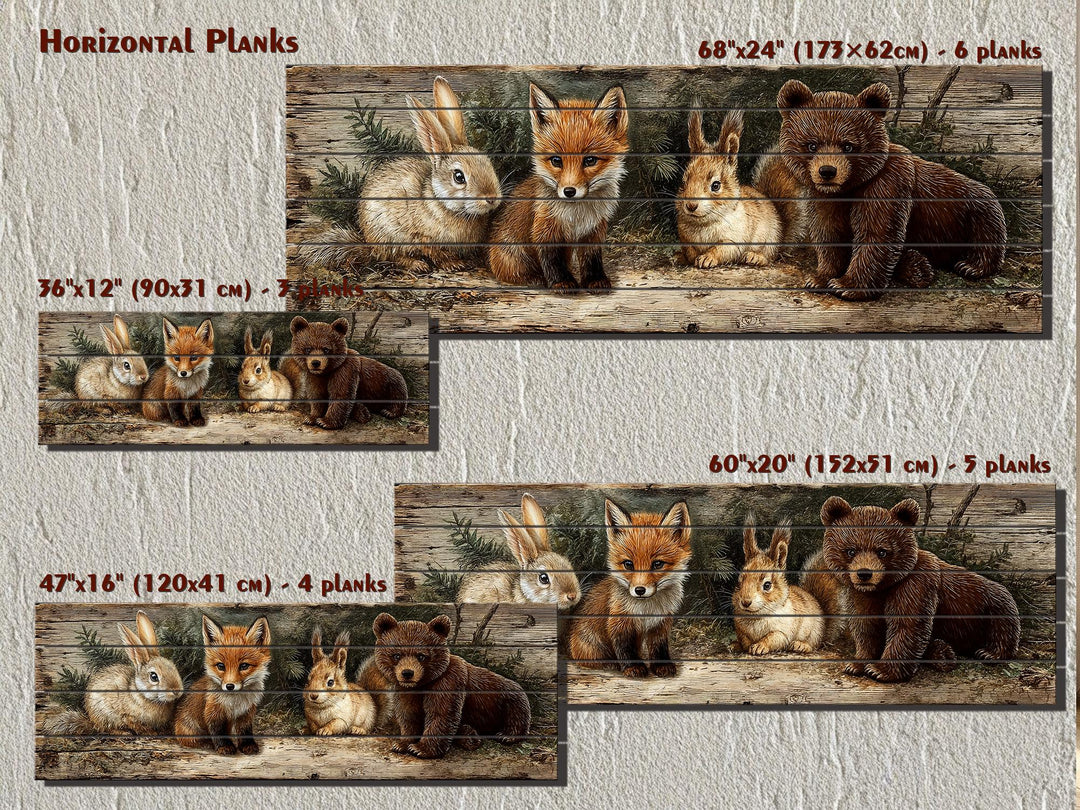 Woodland animal wall art featuring a fox, rabbit, and bear printed on rustic horizontal wood planks.