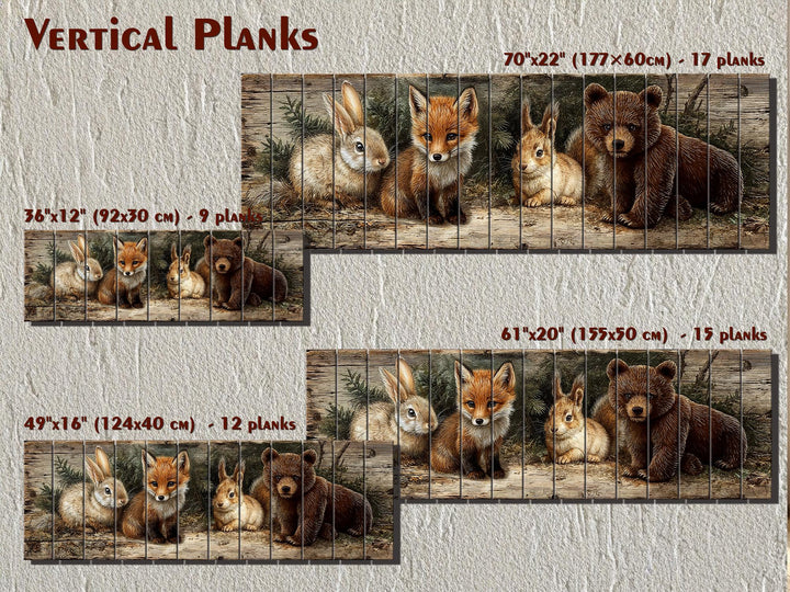 Woodland animals wall art featuring a fox, rabbit, and bear printed on rustic vertical wood planks.