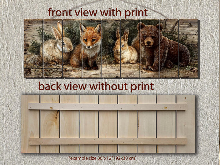 Woodland animals wall art featuring a fox, rabbit, and bear printed on rustic wood planks.