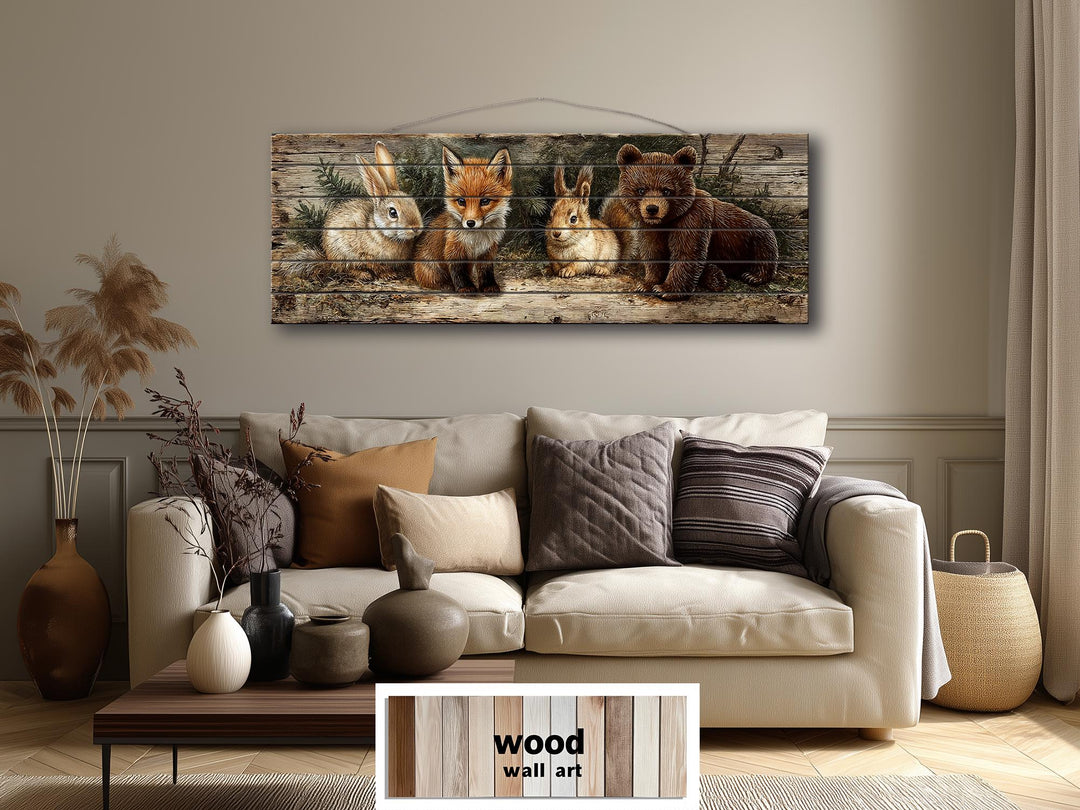 Woodland animals wall art featuring a fox, rabbit, and bear printed on a rustic wood panel.