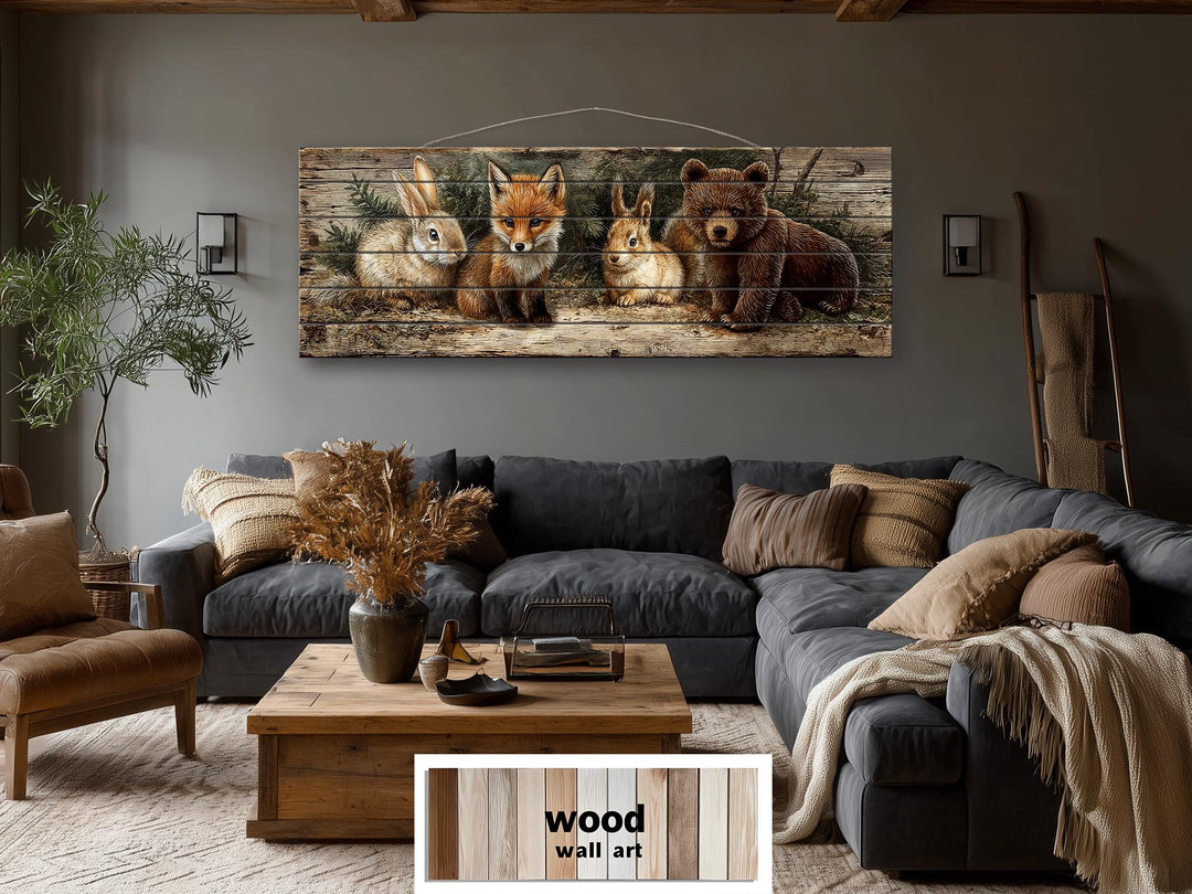 Woodland animals wall art featuring a fox, rabbit, and bear printed on a rustic wood panel.