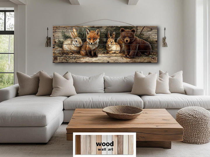 Woodland animals wall art featuring a fox, rabbit, and bear on a rustic distressed wood panel.
