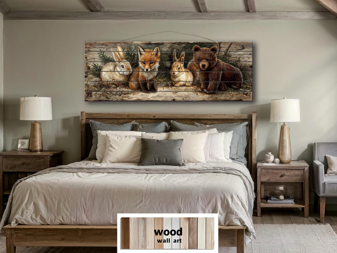 Woodland animals wall art featuring a fox, rabbit, and bear printed on a rustic wood plank panel.