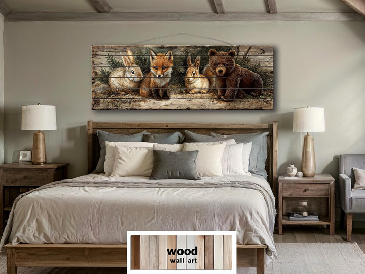 Woodland animals wall art featuring a fox, rabbit, and bear printed on a rustic wood plank panel.