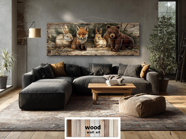 Panoramic woodland animal wall art on distressed wood featuring a fox, rabbits, and a bear.